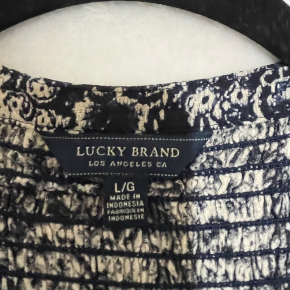 Lucky Brand Navy Cream Boho Peasant Blouse Large Flowy V-Neck Patterned Top - Picture 6 of 11